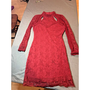 Free People Dress burgundy Mesh Lace halter Long Sleeve bodycon size Medium‎